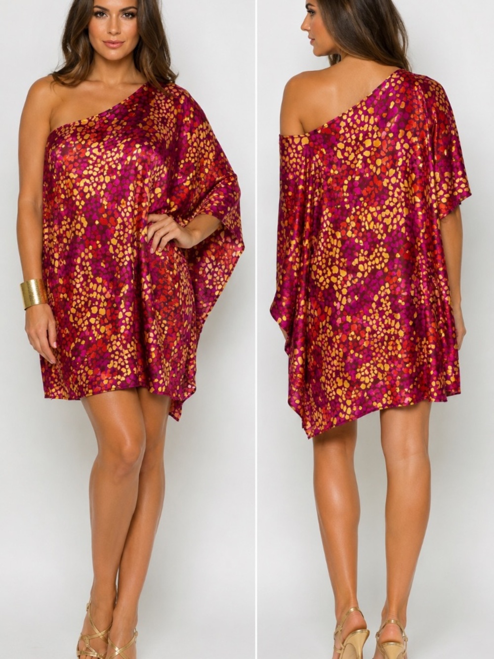 Women’s One-Shoulder Magenta and Yellow Print Dress